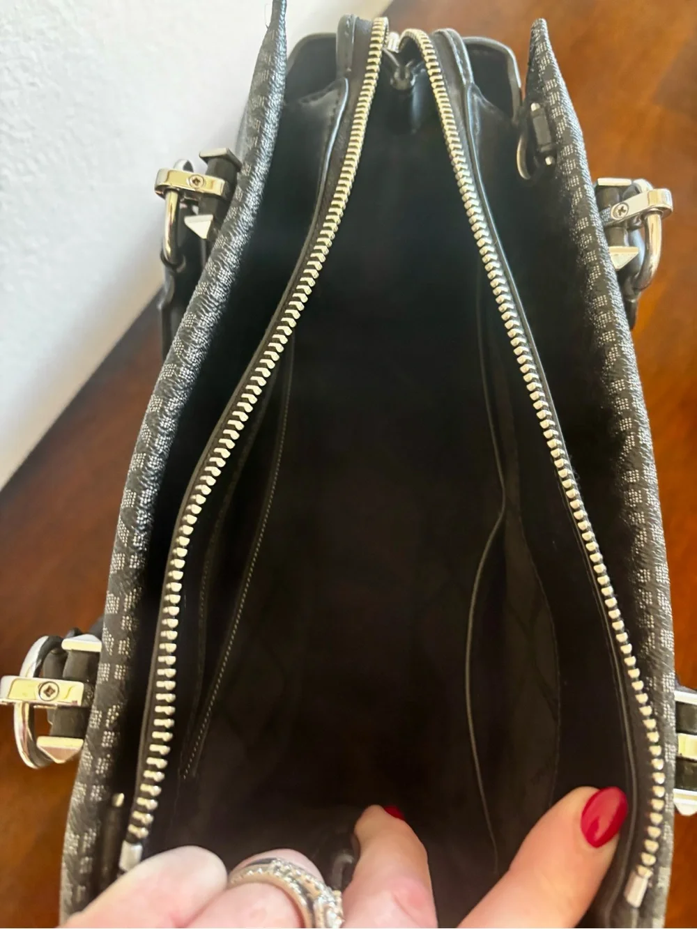 Michael Kors Black and Grey Three Compartment Satchel with Crossbody Strap